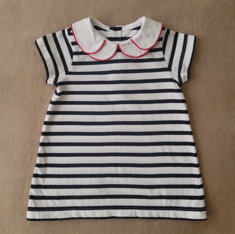 Jacadi Girl Striped Navy/White Peterpan Collar Wht/Red Dress Size 6M